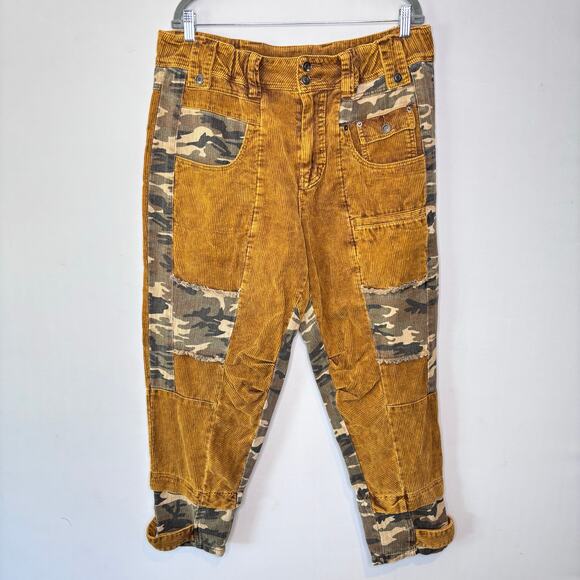 Oil & Hali Size XL Mustard Corduroy Camo Patch Baggy Cropped Pant Womens